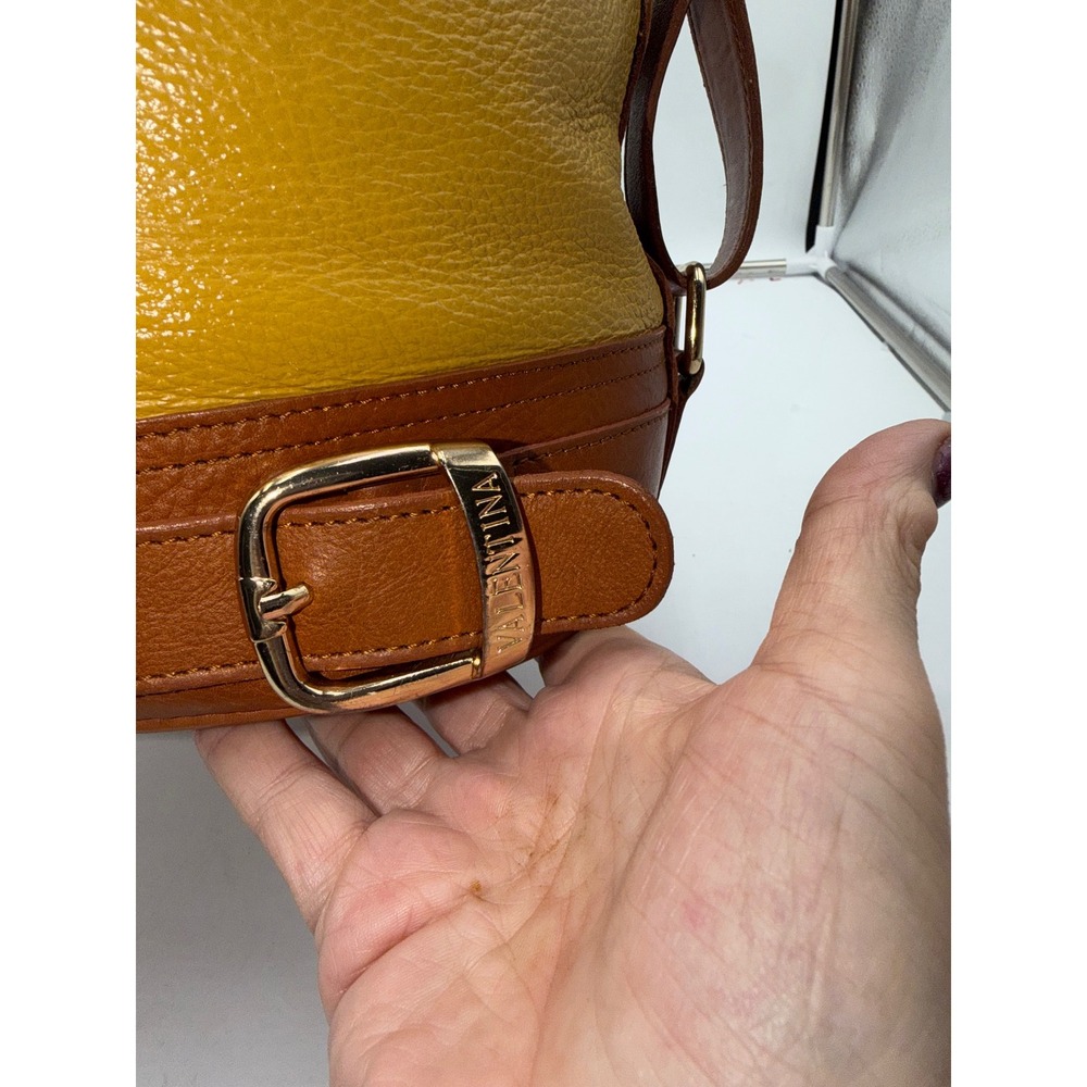 Valentina Italia Leather Shoulder Bag Mustard Yellow Cognac Brown Gold Hardware - Picture 4 of 16